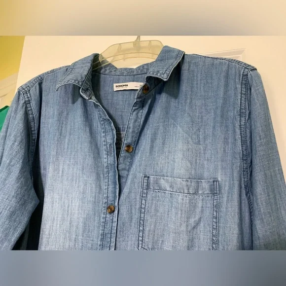 Chambray M Sonoma Shirt Dress Overshirt Denim Look Long Sleeves Collar - Picture 2 of 7